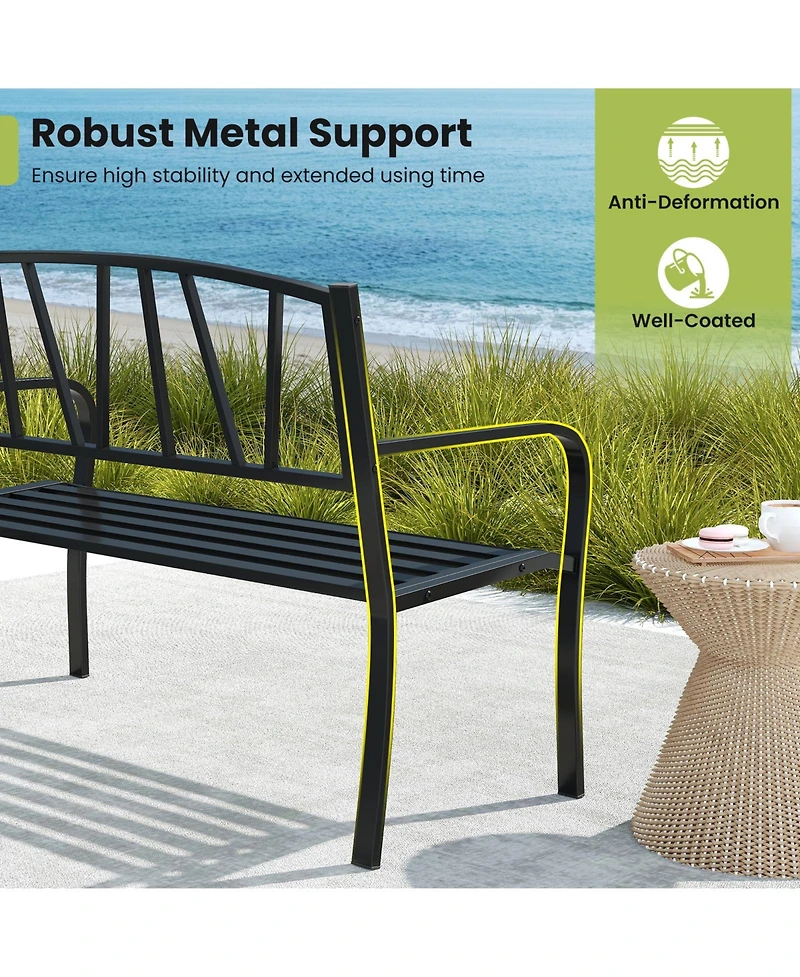 Gymax 50.5'' Patio Metal Bench w/ Curved Armrests & Minimalist Backrest for Backyard