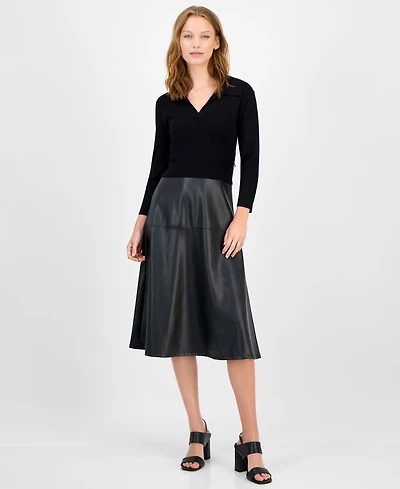 T Tahari Women's Mixed-Media Fit and Flare Dress