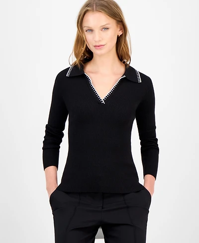 T Tahari Women's Ribbed-Knit Polo Top