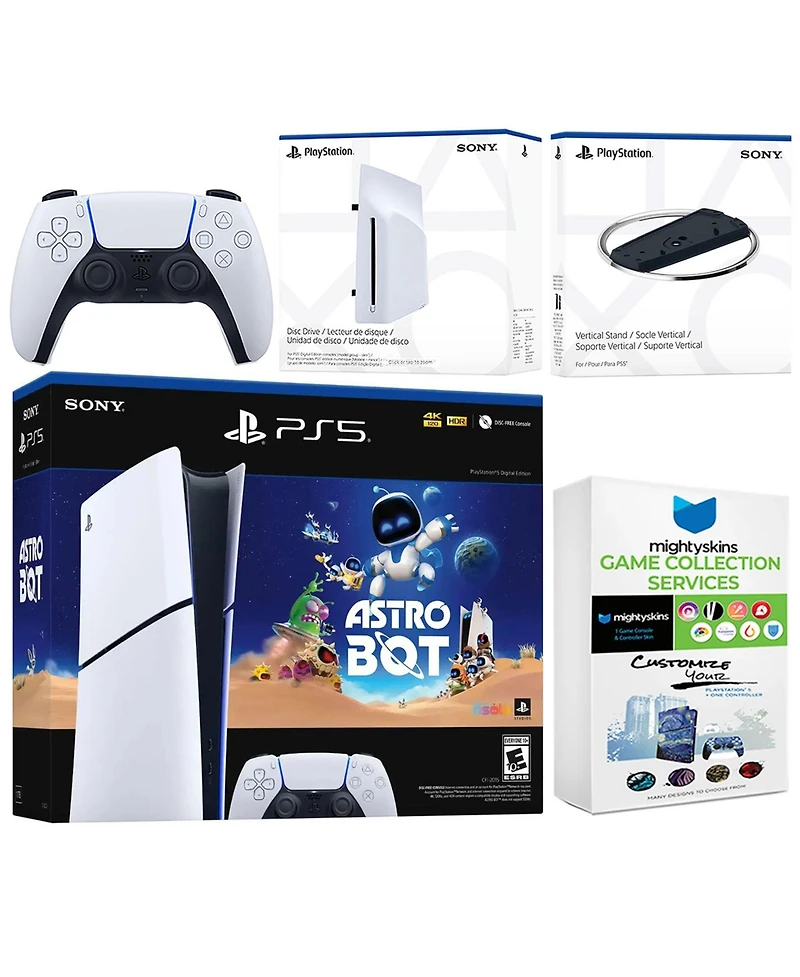 Sony PlayStation 5 Astro Bot Slim Digital Bundle with Disc Drive, Vertical Stand, and MightySkins Game Collection Services