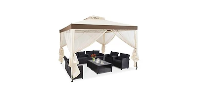 10 x 10 Feet Patio Canopy Gazebo with Neting and Double Tiered Roof