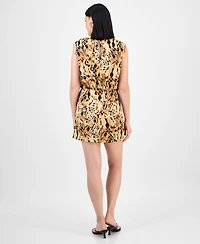 Bar Iii Women's Printed Round-Neck Sarong Mini Satin Dress, Exclusively at Macy's