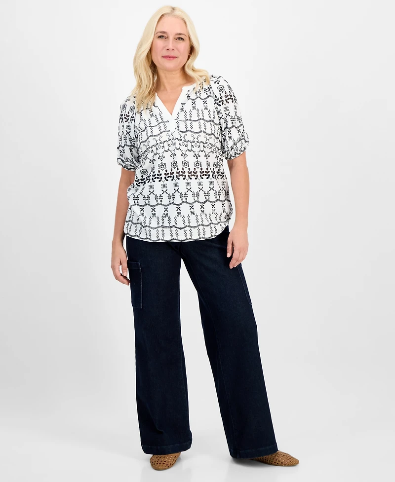 Style & Co Petite Eyelet Summer Split-Neck Top, Exclusively at Macy's