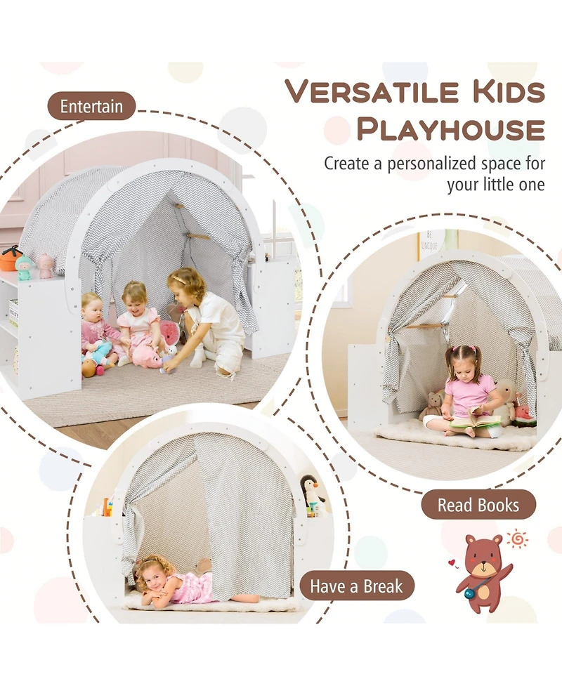 Mecale Wooden Kids Play Tent with Curtain Shades and 8 Cubbies