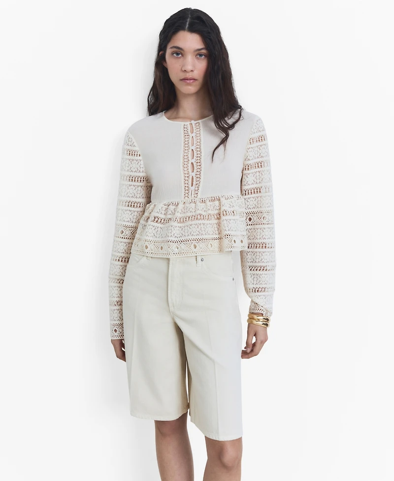 Mango Women's Openwork Details Embroidered Cotton Blouse
