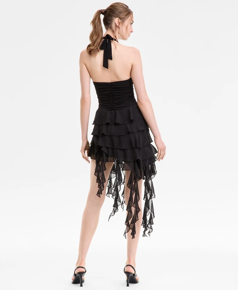 Emerald Sundae Juniors' Asymmetric Ruffled Halter Bodycon Dress