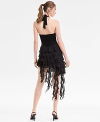 Emerald Sundae Juniors' Asymmetric Ruffled Halter Bodycon Dress