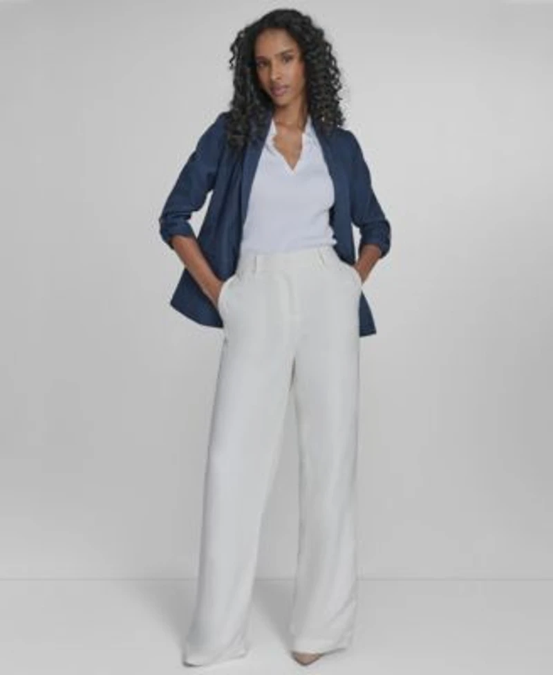 Calvin Klein Womens Faux Denim 3 4 Sleeve Jacket Johnny Collar Sleeveless Sweater Cotton Blend Wide Leg Pants