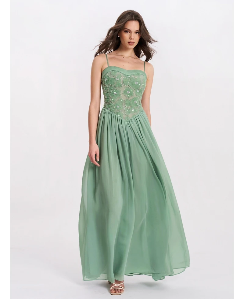 Miss Circle Women's Ucille Sage Green Embroidered Chiffon Maxi Dress