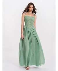 Miss Circle Women's Ucille Sage Green Embroidered Chiffon Maxi Dress