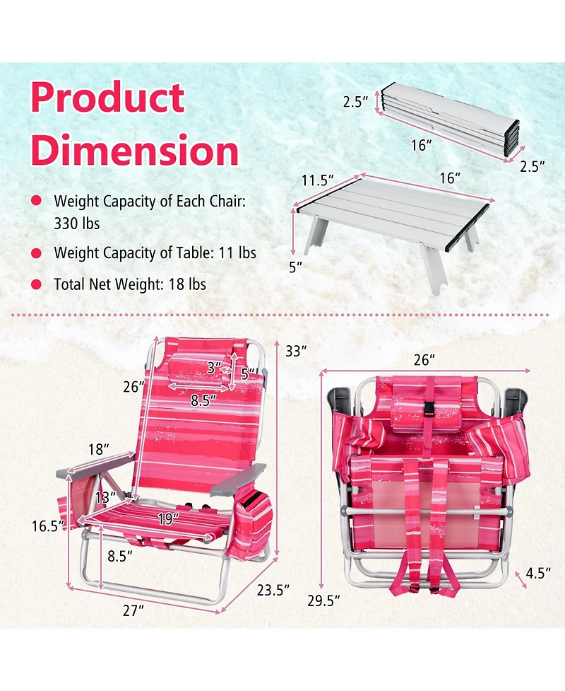 Gouun 2 Packs 5-Position Outdoor Folding Backpack Beach Table Chair Reclining Chair Set