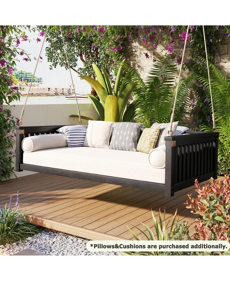 Mondawe Patio Minimalist Twin Garden Swing Bed,Wood Porch with Ropes