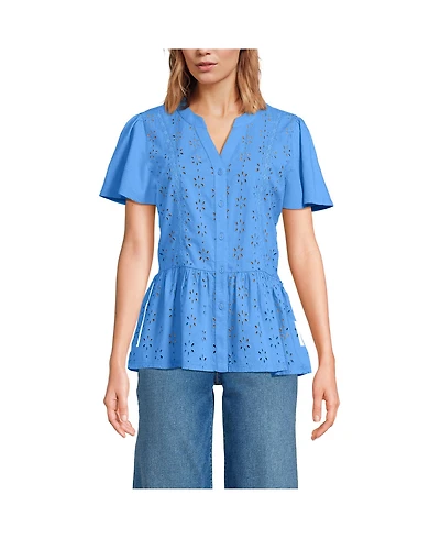 Lands' End Women's Short Sleeve Mixed Media Eyelet Top