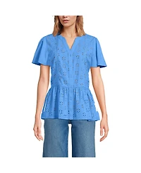 Lands' End Women's Short Sleeve Mixed Media Eyelet Top