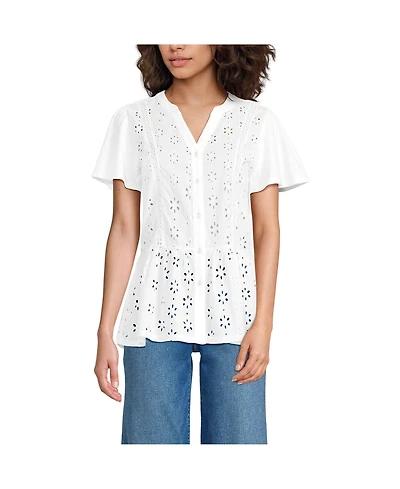 Lands' End Women's Short Sleeve Mixed Media Eyelet Top