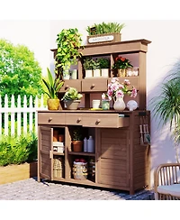 Mondawe Garden Potting Bench Table with Hutch, Patio Storage Workstation