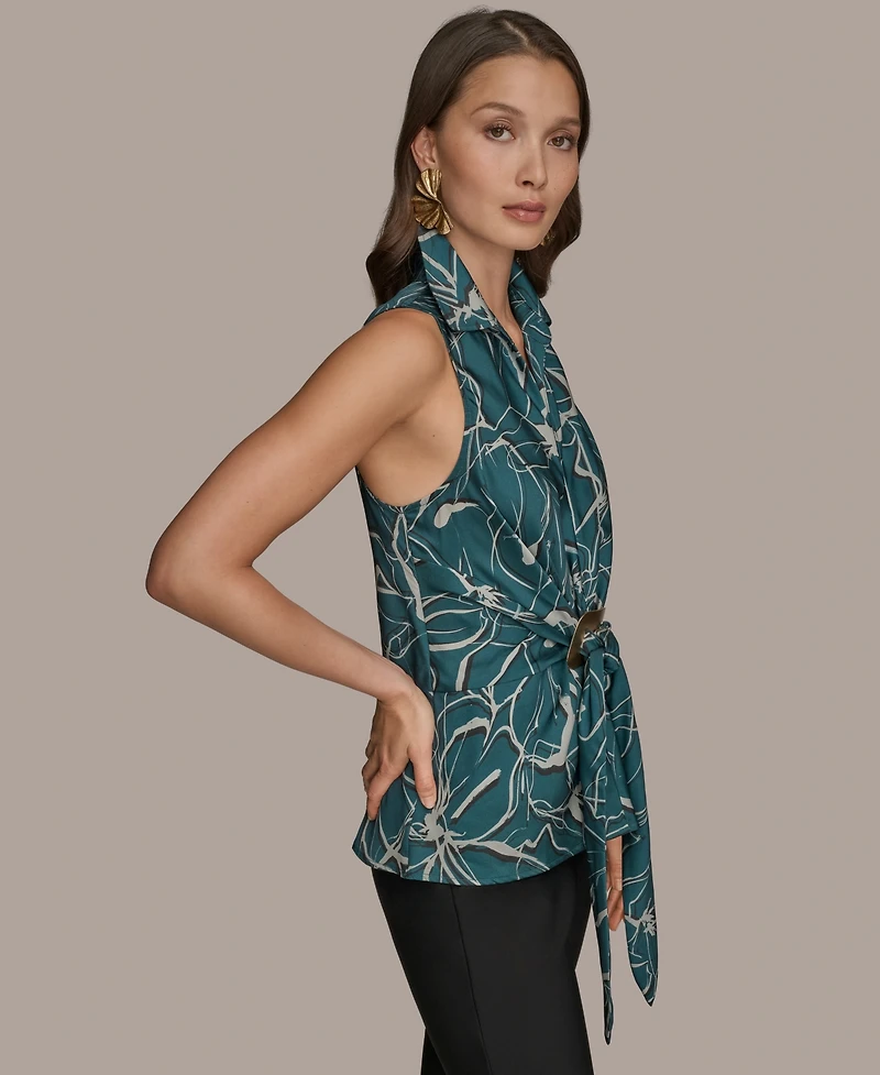Donna Karan New York Women's Printed Sleeveless Faux-Wrap Hardware Top
