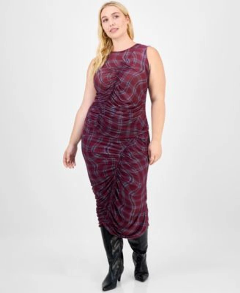 Bar Iii Trendy Plus Plaid Asymmetric Ruching Top Skirt Macys Exclusive