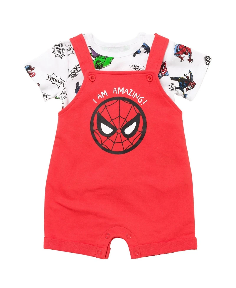 Avengers Baby Boys French Terry Short Overalls T-Shirt and Hat 3 Piece Outfit Set