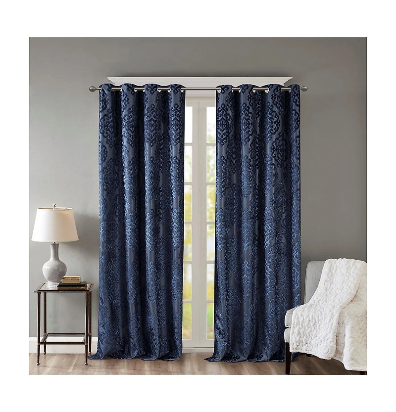 Mirage Knitted Jacquard Damask Total blackout curtains for bedroom, Silver grommet top fit up to 1.25 inches rod Single Curtain Panel for Living Room