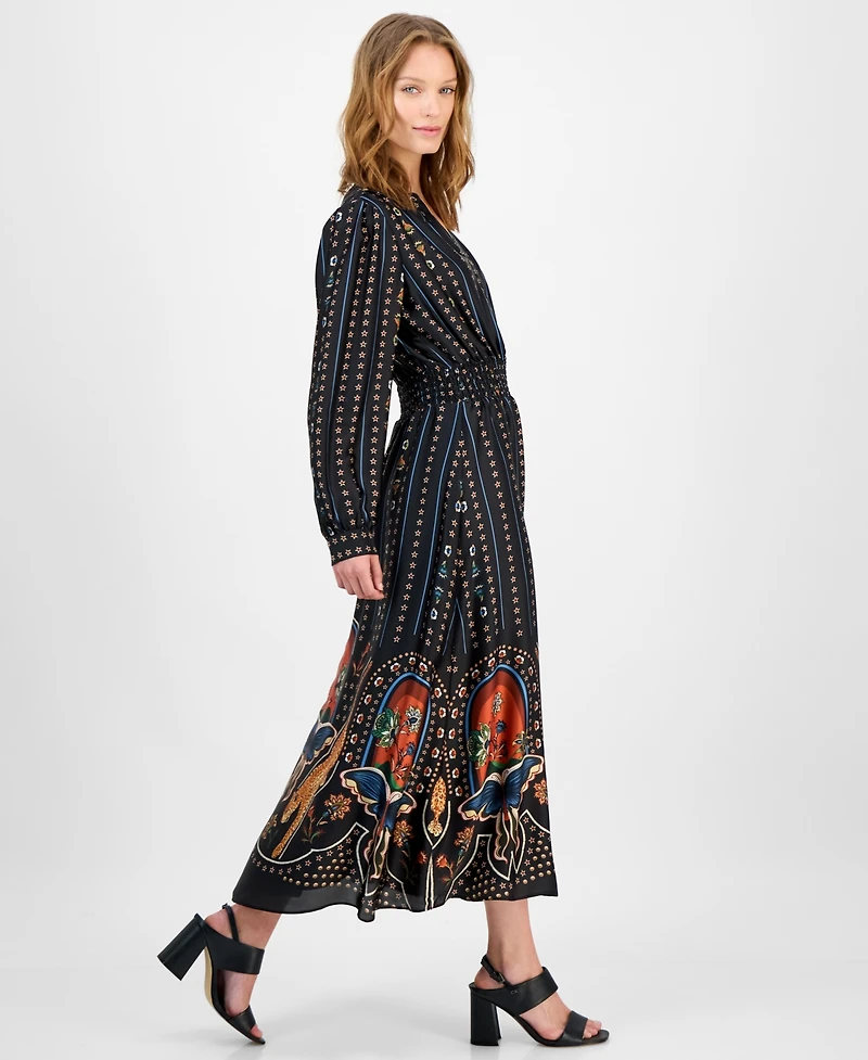 T Tahari Women's Printed Smocked Midi Dress