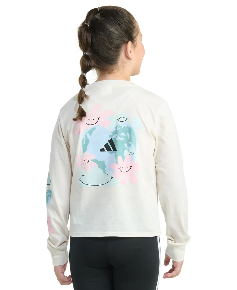 adidas Big Girls Long-Sleeve Regular-Fit Heather Logo Graphic T-Shirt