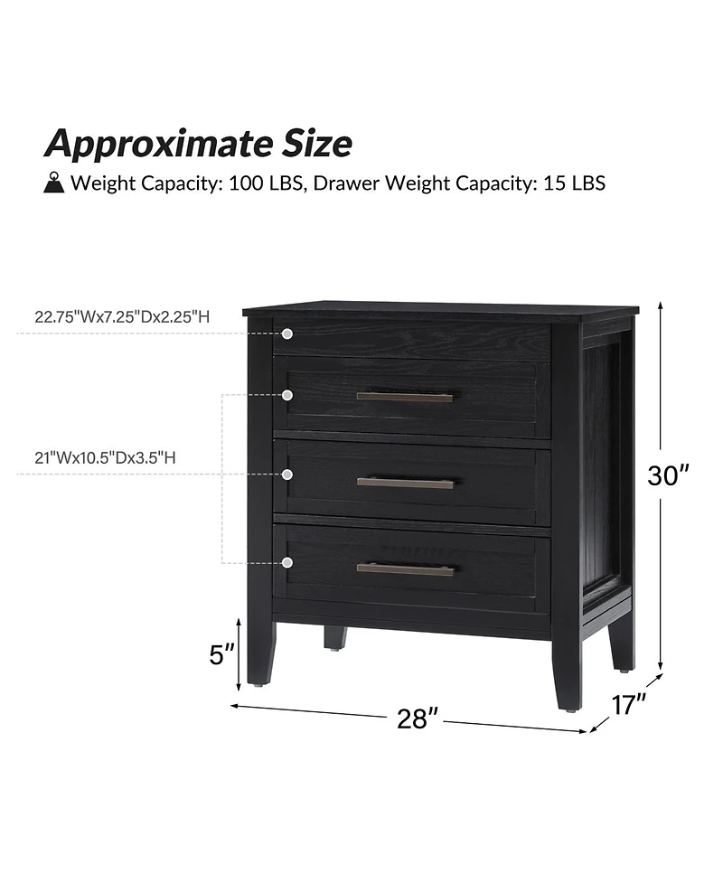 Hulala HomeTheresa Transitional 3-Drawer Nightstand with Hidden Pull-out Drawer