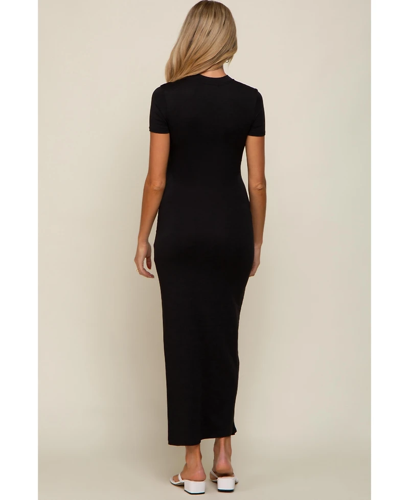 Pinkblush Black Mock Neck Front Slit Short Sleeve Maternity Maxi Dress
