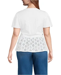 Lands' End Women's Plus Short Sleeve Mixed Media Eyelet Top