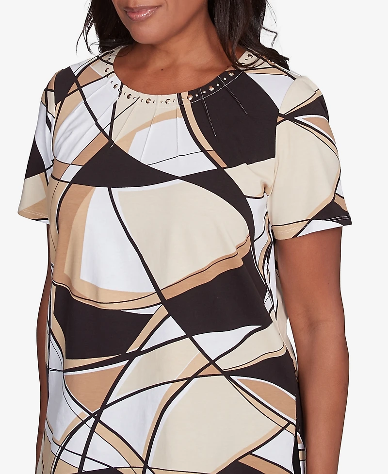 Alfred Dunner Petite Geometric Top with Detailed Neckline
