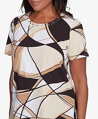 Alfred Dunner Petite Geometric Top with Detailed Neckline