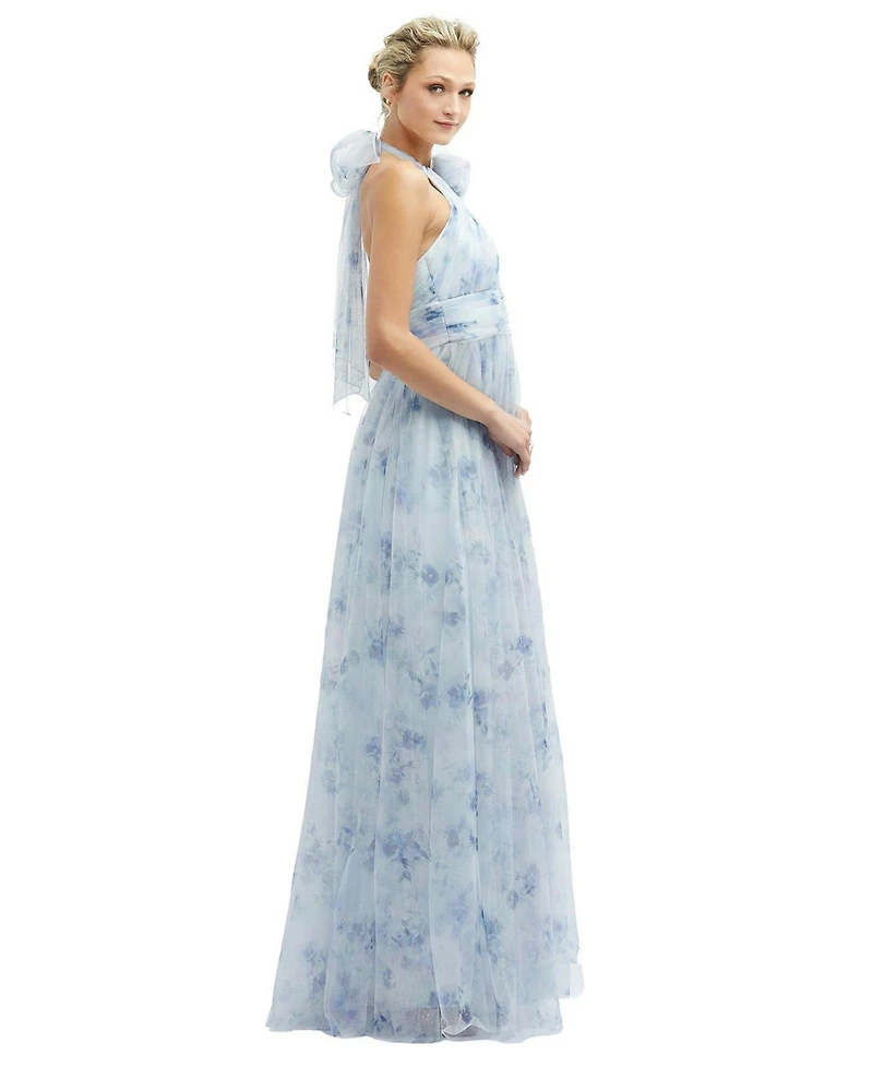 Floral Tie-Back Halter Tulle Dress with Long Full Skirt & Rosette Detail