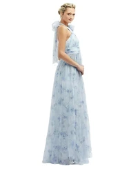 Floral Tie-Back Halter Tulle Dress with Long Full Skirt & Rosette Detail