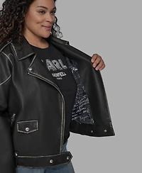 Karl Lagerfeld Paris Plus Size Asymmetric Faux-Leather Belted Moto Coat