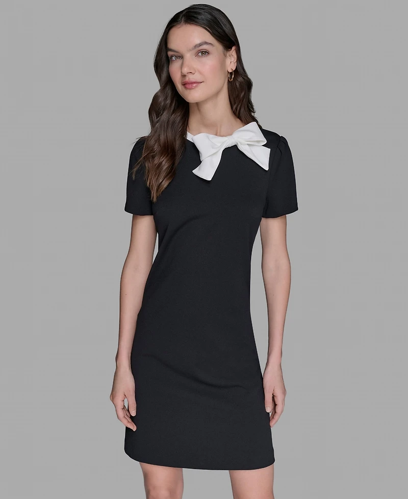 Karl Lagerfeld Paris Women's Scuba Crepe Short Sleeve Bow Detail A-line Dress