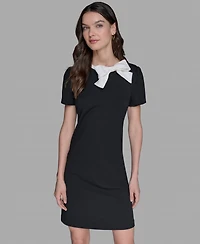 Karl Lagerfeld Paris Women's Scuba Crepe Short Sleeve Bow Detail A-line Dress