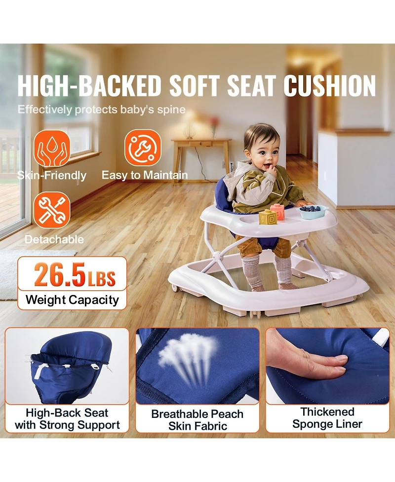 Slickblue Kids Anti-Rollover Foldable Baby Walker with Adjustable Height Wheels and Feeding Tray