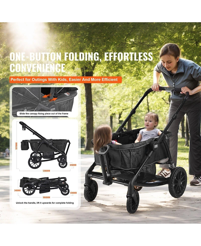 Slickblue Toddler All-Terrain Stroller Wagon with 2 Seats Foldable Design Canopy Snack Tray and Cup Holders