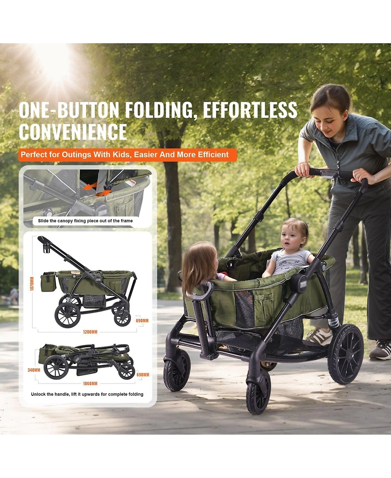 Slickblue Toddler All-Terrain Stroller Wagon with 2 Seats Foldable Design Canopy Snack Tray and Cup Holders