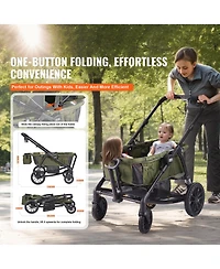 Slickblue Toddler All-Terrain Stroller Wagon with 2 Seats Foldable Design Canopy Snack Tray and Cup Holders