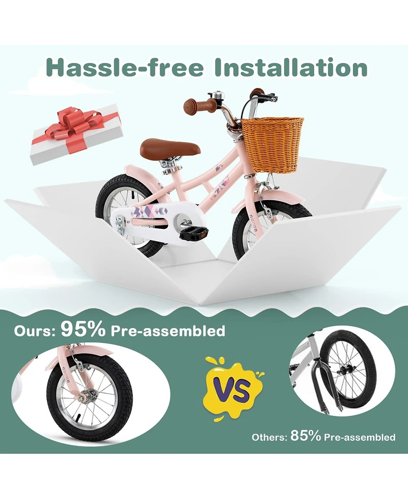 12 Inch Kids Bike Retro Bicycle with Adjustable Height and Basket for Ages 3-8 Years Old