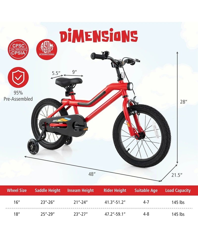 16 Inch Kids Bike with Led Lights Adjustable Carbon Steel Bicycle for 4-8 Years Old