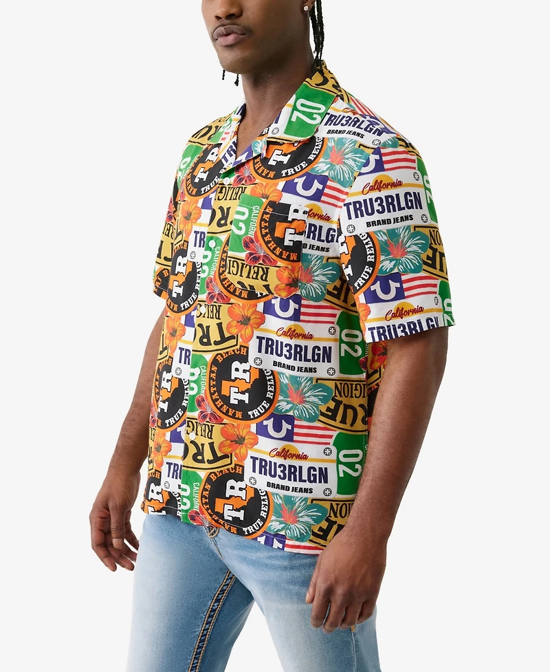 True Religion Men's Short Sleeve Allover Print Camp Shirt