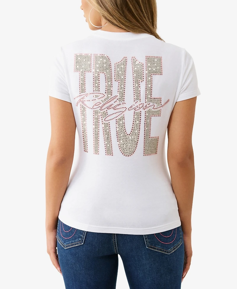 True Religion Women's Crystal Logo V-Neck T-Shirt