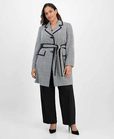 Le Suit Plus Framed Plaid Belted Wide-Leg Pantsuit