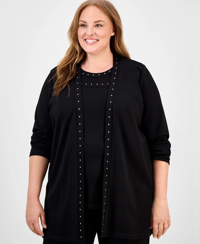 Anne Klein Plus Stud-Trim Open-Front Cardigan
