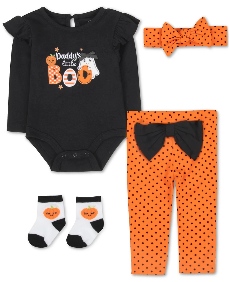 Baby Essentials Girls Daddy's Little Boo Bodysuit, Pants, Headband & Socks, 4 Piece Set