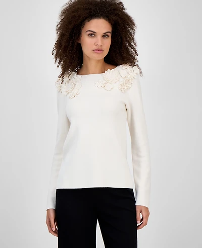 Anne Klein Women's 3D Floral Boat-Neck Sweater