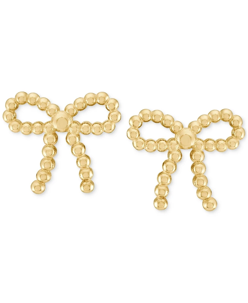 Polished Beaded Bow Stud Earrings in 10k Gold