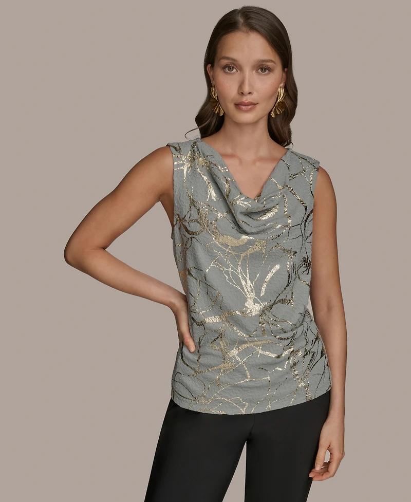 Donna Karan New York Women's Sleeveless Cowlneck Foil-Print Top
